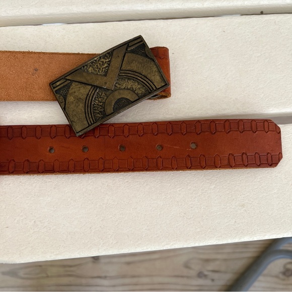 Vintage brass buckle belt 1975 hippie CDC Metalworks Colorado brown 36" - 40" - Picture 2 of 7